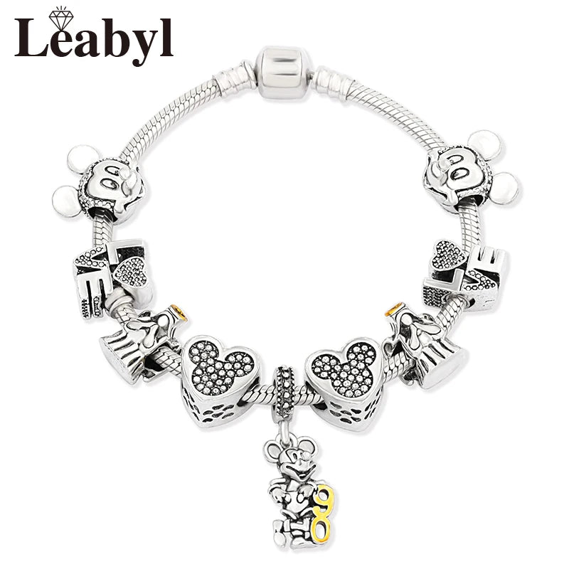 Beautiful pink crystal Disney Mickey and Minnie charm bracelet, silver-tone heart bead bracelet for women and girls, fashionable jewelry gift