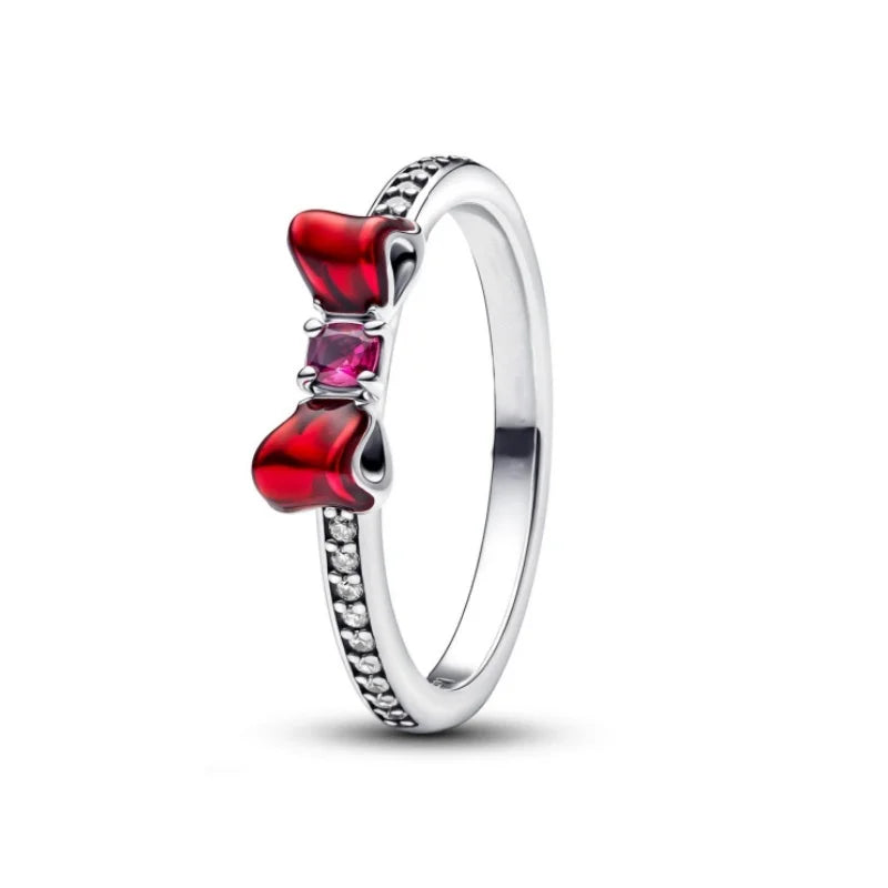 Anillo de corona de princesa brillante clásico de Disney, anillo en forma de corazón con lazo rojo, adecuado para fiesta de boda, joyería Original femenina, regalo DIY