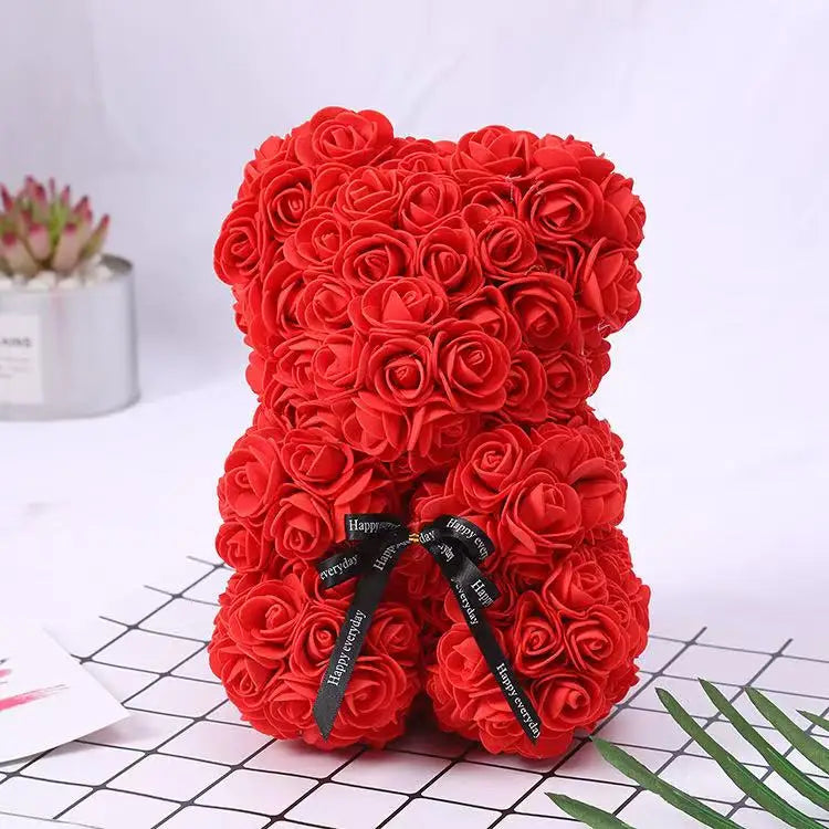 25cm Artificial Pink Flower Teddy Bear with Box, Romantic Valentine's Day Gift, Wedding and Anniversary Party Supplies for Girlfriend and Woman