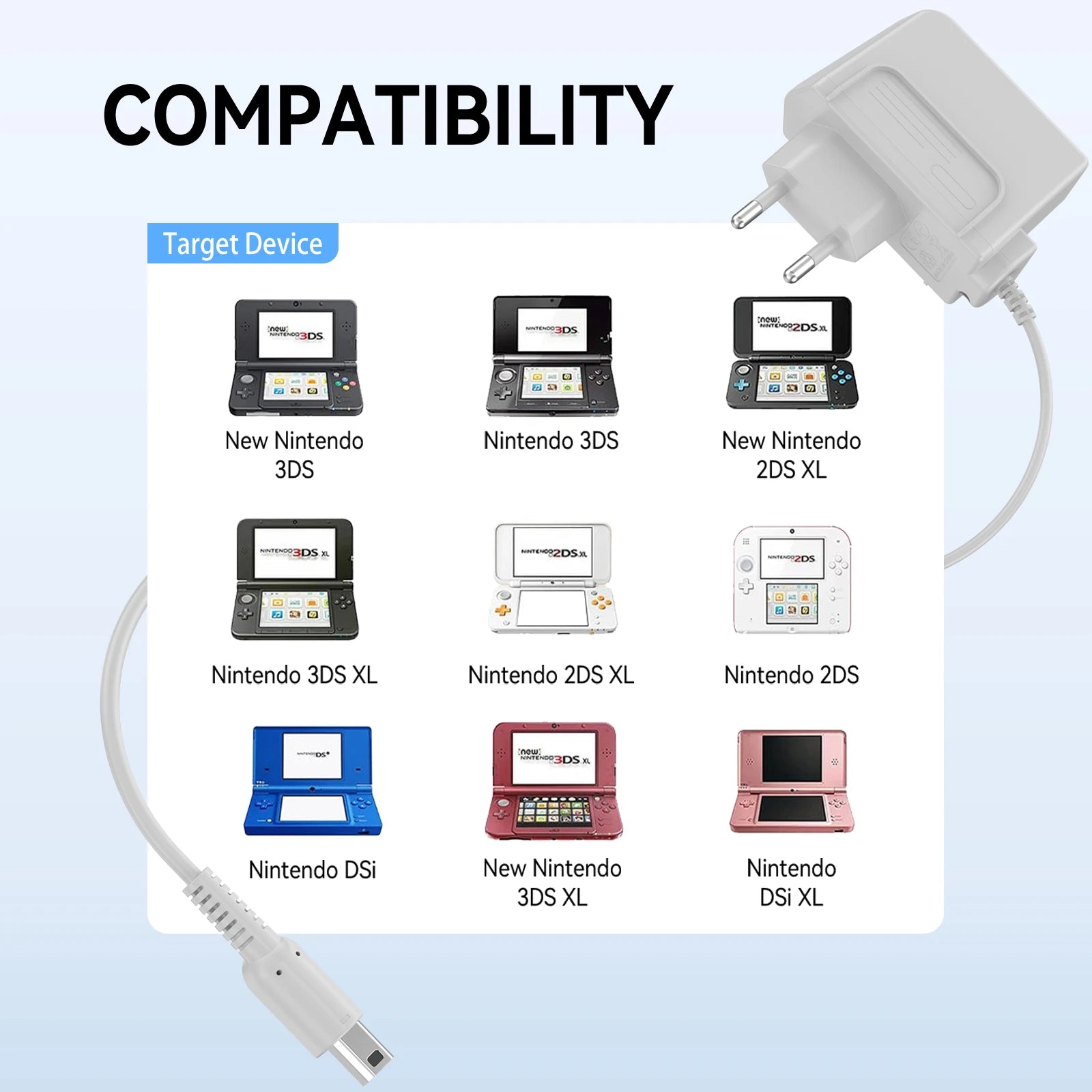 Cargador con enchufe europeo para Nintendo 3DS XL/2DS/DSi Cable de carga de 1,2 m para nuevo 3DS XL/nuevo 3DS/nuevo 2DS XL/nuevo 2DS/2DS XL/DSi XL