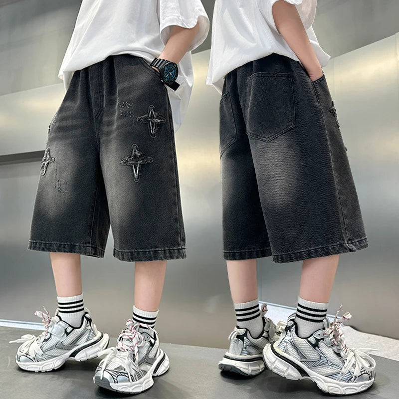 NEW FOR SUMMER 2021, trendy denim shorts for boys with star pattern, casual cropped jeans for children aged 5-14 years