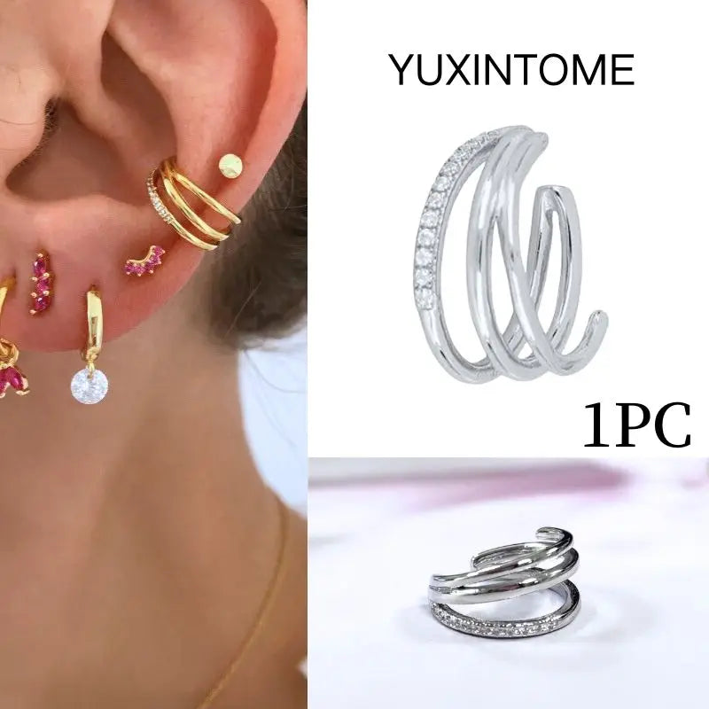 Pendientes chapados en oro de 24K para mujer, aretes con Clip de piedra de circón de cristal, joyería de lujo en forma de C, bisutería, 1 ud. - CR mark