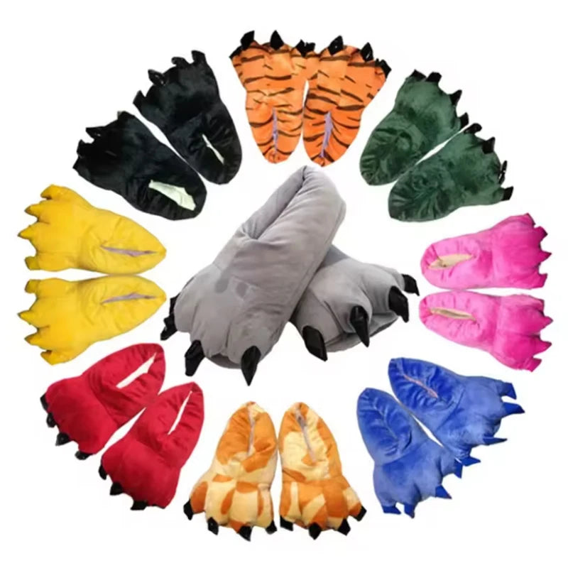 Soft and warm indoor slippers for men and women, paw print shoes, funny animal, Christmas monster, dinosaur claw, random plush lining for home, winter