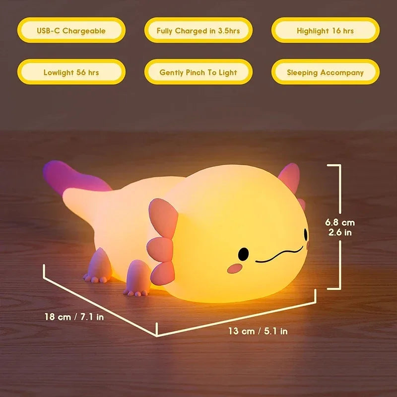 Bonita luz nocturna Axolotl, lámpara de silicona para dormir para guardería, luces nocturnas con Control táctil, lámpara de mesa recargable por USB para bebé y niño