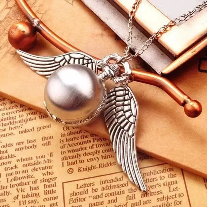 Reloj de Bolsillo de Cuarzo con Snitch Dorada de Harry Potter, Reloj de Bolsillo Vintage con Alas de Ángel y Collar, Juguetes para Niños, Accesorios de Joyería