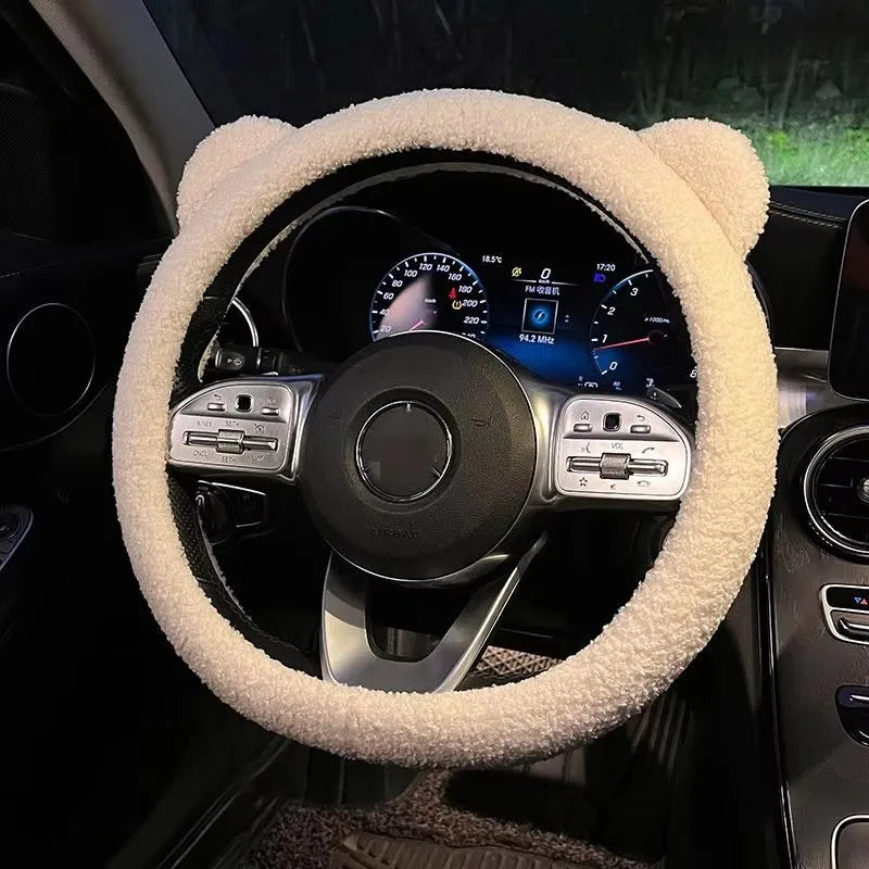 New Winter Warm Soft Plush Cartoon Bear Ear Car Interior Accessories 38cm Car Steering Wheel Protector Hand Cover