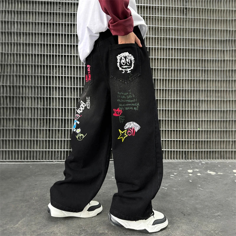 Nueva moda, pantalones vaqueros negros con dibujo para niños y niñas, ropa de calle informal, pantalones vaqueros Unisex para niños, pantalones vaqueros rectos