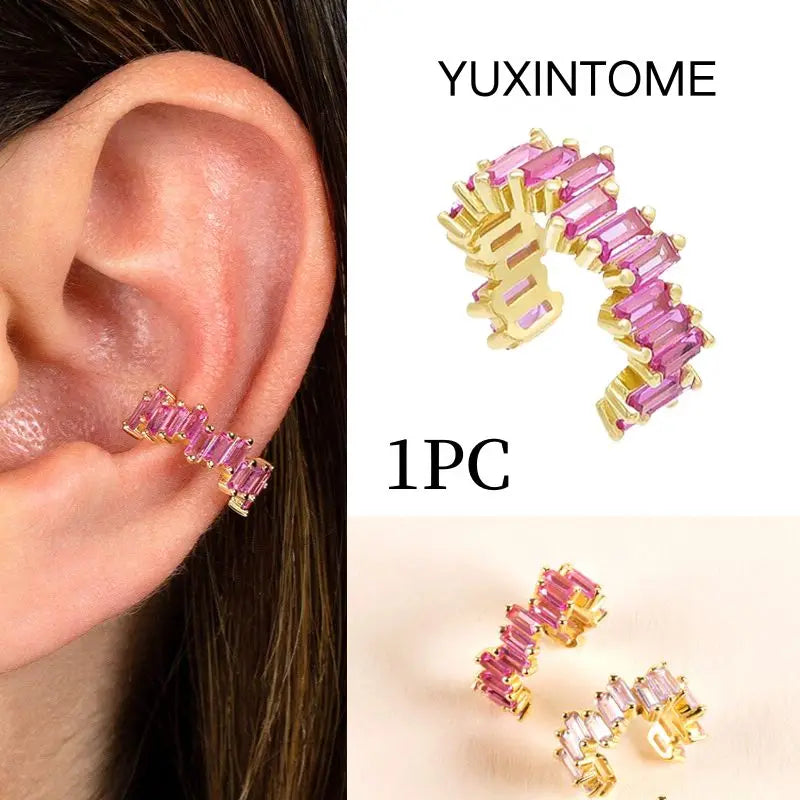 Pendientes chapados en oro de 24K para mujer, aretes con Clip de piedra de circón de cristal, joyería de lujo en forma de C, bisutería, 1 ud. - CR mark