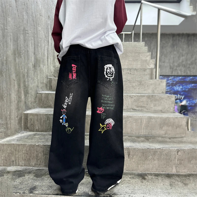 Nueva moda, pantalones vaqueros negros con dibujo para niños y niñas, ropa de calle informal, pantalones vaqueros Unisex para niños, pantalones vaqueros rectos