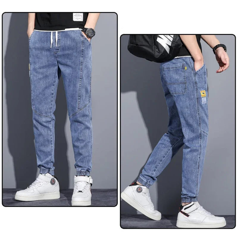 Men's stretch jeans with drawstring, men's harem jeans with tied feet, designer cargo jeans, casual slim-leg jeans for everyday wear