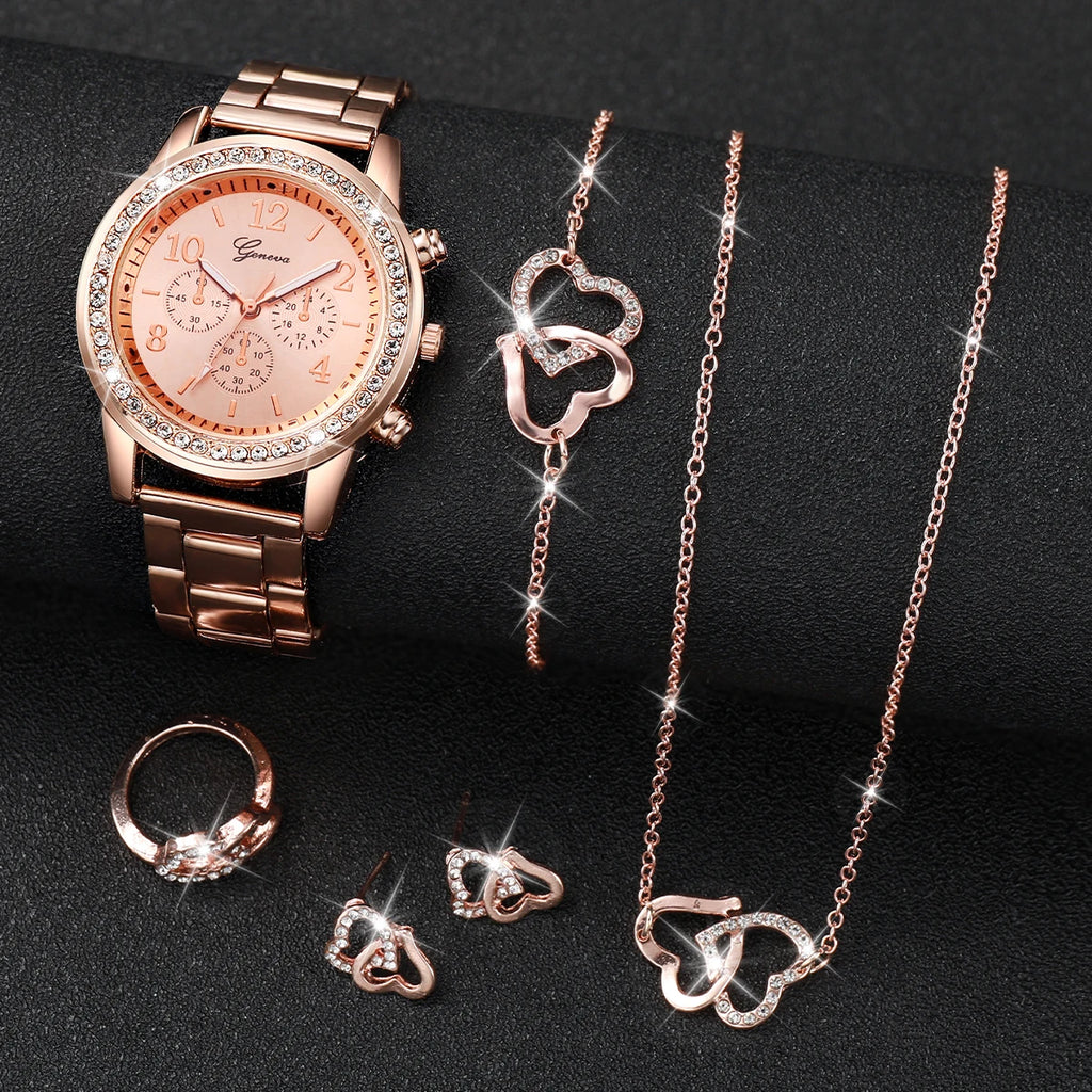 6 unids/set reloj de mujer moda diamantes de imitación banda de acero inoxidable reloj de cuarzo doble corazón conjunto de joyería (sin caja)