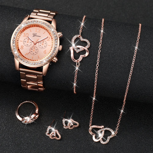 6 unids/set reloj de mujer moda diamantes de imitación banda de acero inoxidable reloj de cuarzo doble corazón conjunto de joyería (sin caja) - CR mark