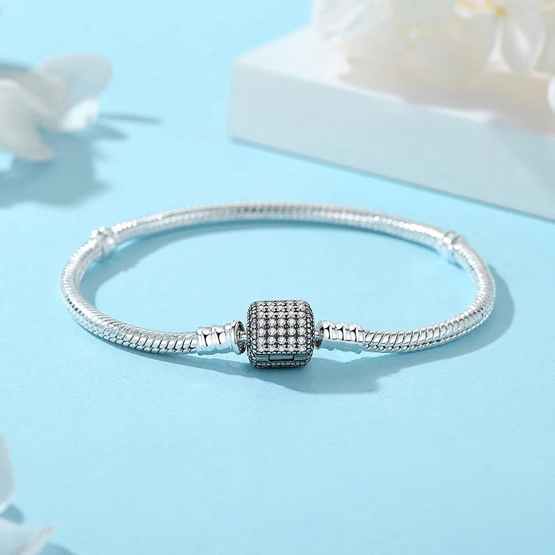 Pulseras de plata de ley 925 originales, brazaletes con Clip de corazón de amor, cuentas, cadenas de serpiente para mujer, joyería de lujo DIY de oro rosa - CR mark