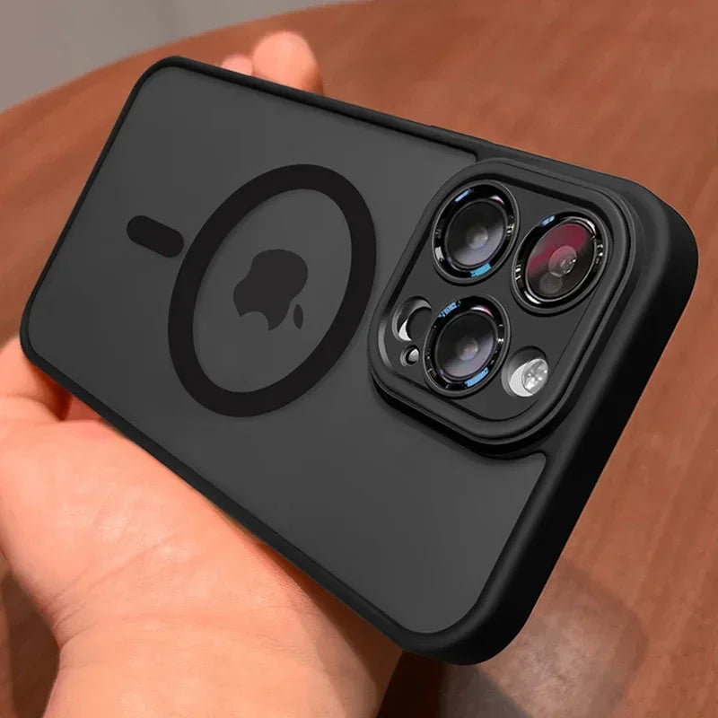 Luxury Magnetic Lens Protector, Matte Translucent Case for iPhone 17 16 15 14 13 12 11 Pro Max with Magsafe Wireless Charger Cover