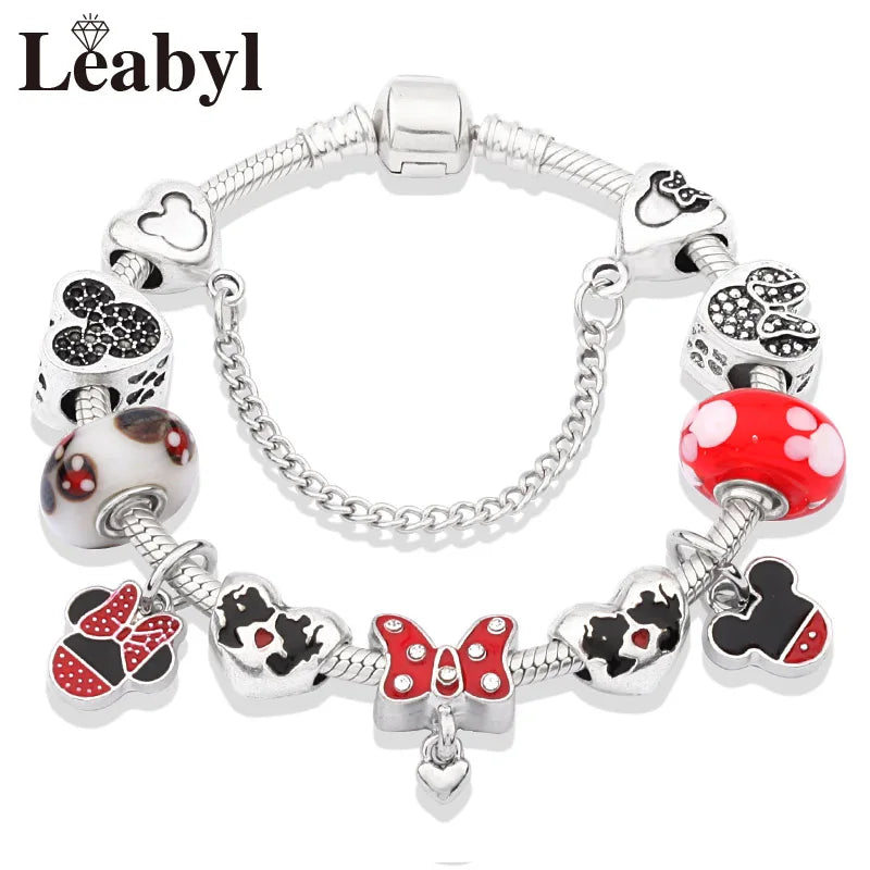 Beautiful pink crystal Disney Mickey and Minnie charm bracelet, silver-tone heart bead bracelet for women and girls, fashionable jewelry gift