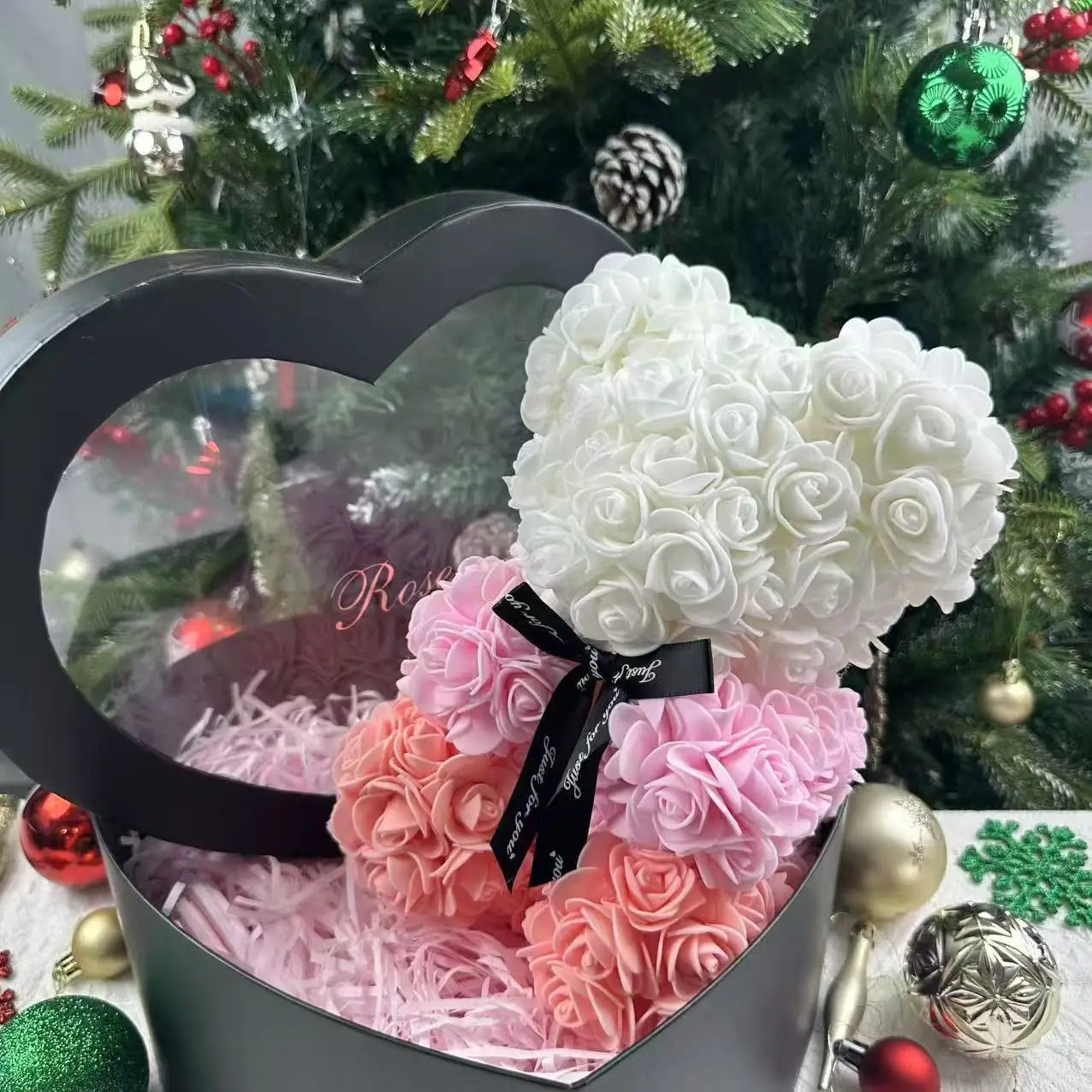 25cm Artificial Pink Flower Teddy Bear with Box, Romantic Valentine's Day Gift, Wedding and Anniversary Party Supplies for Girlfriend and Woman