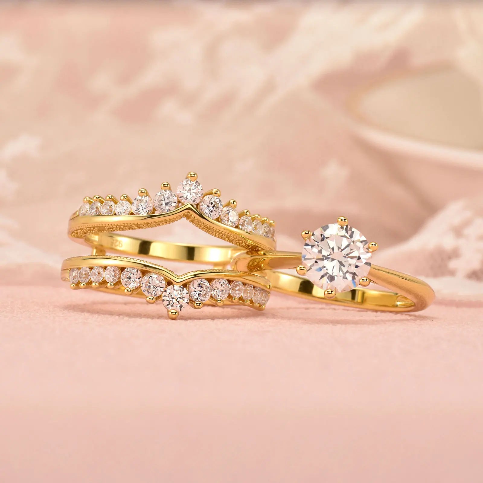Newshe-Conjunto de anillos de novia de oro amarillo de 14k para mujer, corte redondo de 2 quilates, circonita cúbica AAAAA, banda de aniversario de compromiso de boda BR1167_Y - CR mark