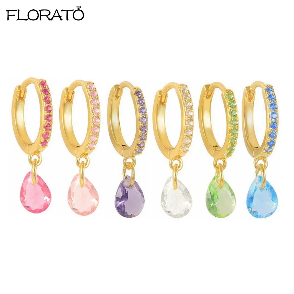 Pendientes de aro con colgante de gota de agua para mujer, aretes de plata 925, Piercing de circonita cúbica colorida, joyería de tendencia 2023, venta al por mayor - CR mark