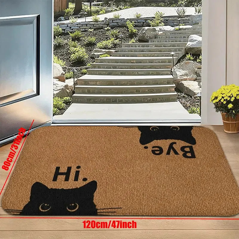 Felpudo VIKAMA con texto 'Hui' y 'Bye' Adorable alfombrilla para puerta con cara de gato negro, lavable a máquina y fácil de limpiar, decoración del hogar