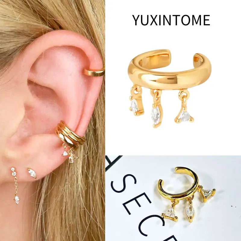 Pendientes chapados en oro de 24K para mujer, aretes con Clip de piedra de circón de cristal, joyería de lujo en forma de C, bisutería, 1 ud. - CR mark