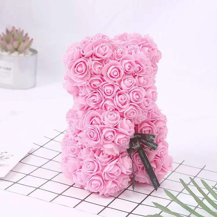 25cm Artificial Pink Flower Teddy Bear with Box, Romantic Valentine's Day Gift, Wedding and Anniversary Party Supplies for Girlfriend and Woman