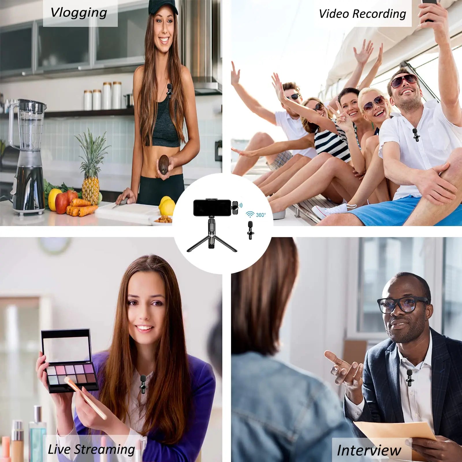 2.4G Wireless Lavalier Microphone with Noise Cancellation, Audio and Video Recording for iPhone/iPad/Android/Xiaomi/Samsung, Live Gaming Microphone