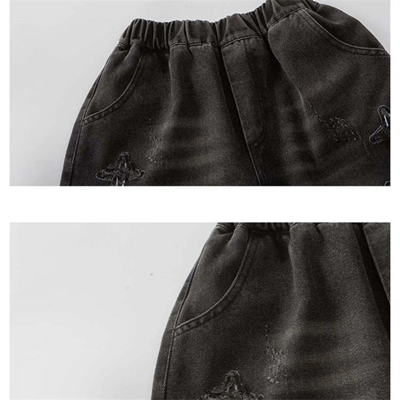 NEW FOR SUMMER 2021, trendy denim shorts for boys with star pattern, casual cropped jeans for children aged 5-14 years