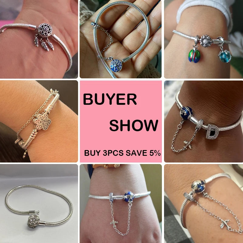 Original 925 Sterling Silver Bracelet, 17-20CM, Star, Moon, Sun, Four Leaf Clover, Green Zircon Bracelets, DIY Charms, Birthday Jewelry Gifts