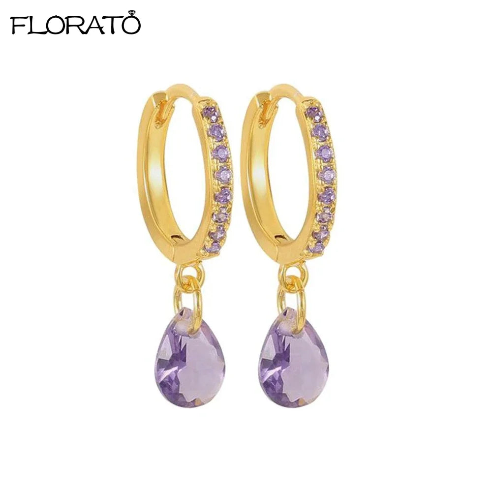 Pendientes de aro con colgante de gota de agua para mujer, aretes de plata 925, Piercing de circonita cúbica colorida, joyería de tendencia 2023, venta al por mayor - CR mark