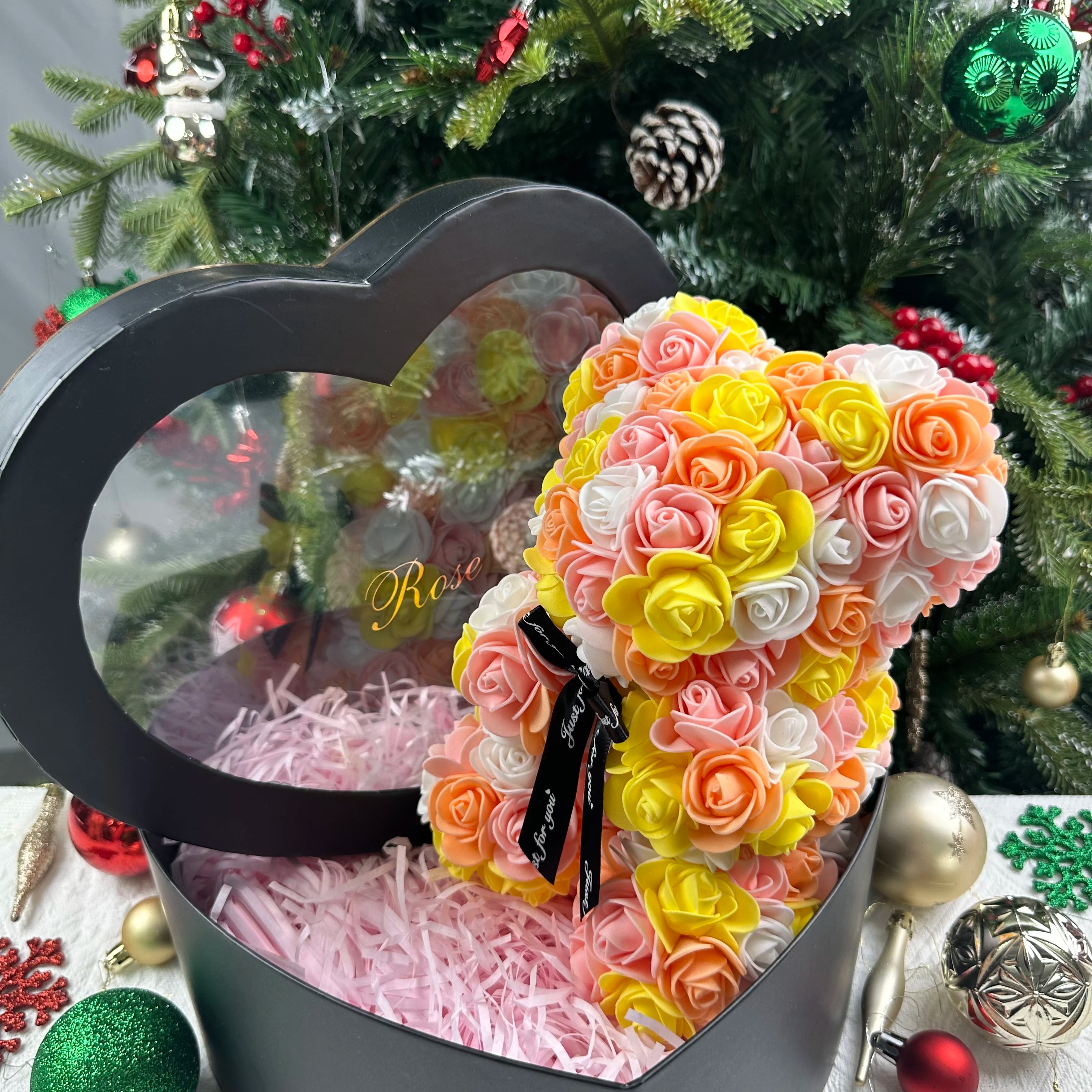 25cm Artificial Pink Flower Teddy Bear with Box, Romantic Valentine's Day Gift, Wedding and Anniversary Party Supplies for Girlfriend and Woman