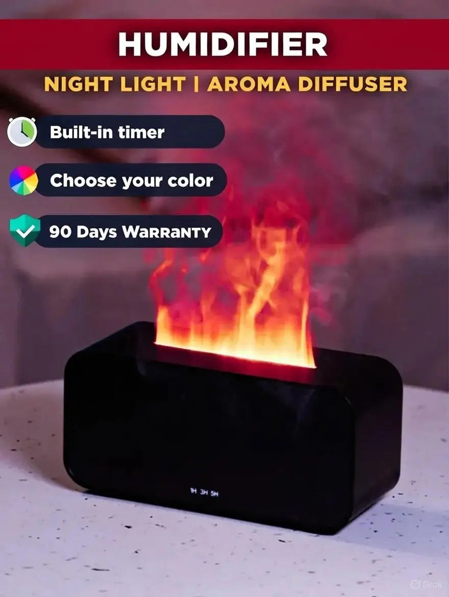 Mini Aroma Diffuser with Flame Effect, 120ml Ultrasonic Humidifier, 7-Color Night Light Timer, Essential Oil Air Humidifier for Bedroom