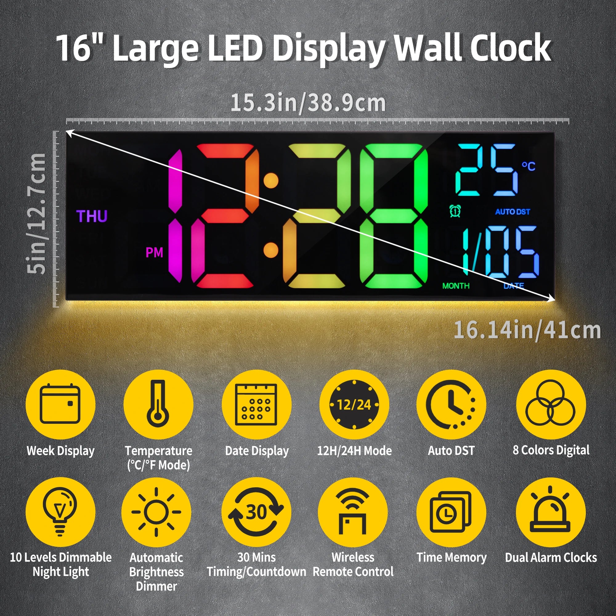 Large 16" Digital Wall Clock, Large LED Display with Remote Control, 8 RGB Colors, Alarm, DST, Temperature for Living Room, Kitchen