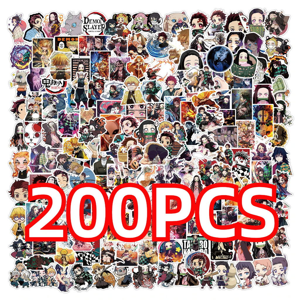 100/200 Uds. Pegatinas de dibujos animados de Anime Demon Slayer para maleta para portátil monopatín guitarra teléfono pegatina de dibujos animados juguetes de regalo para niños