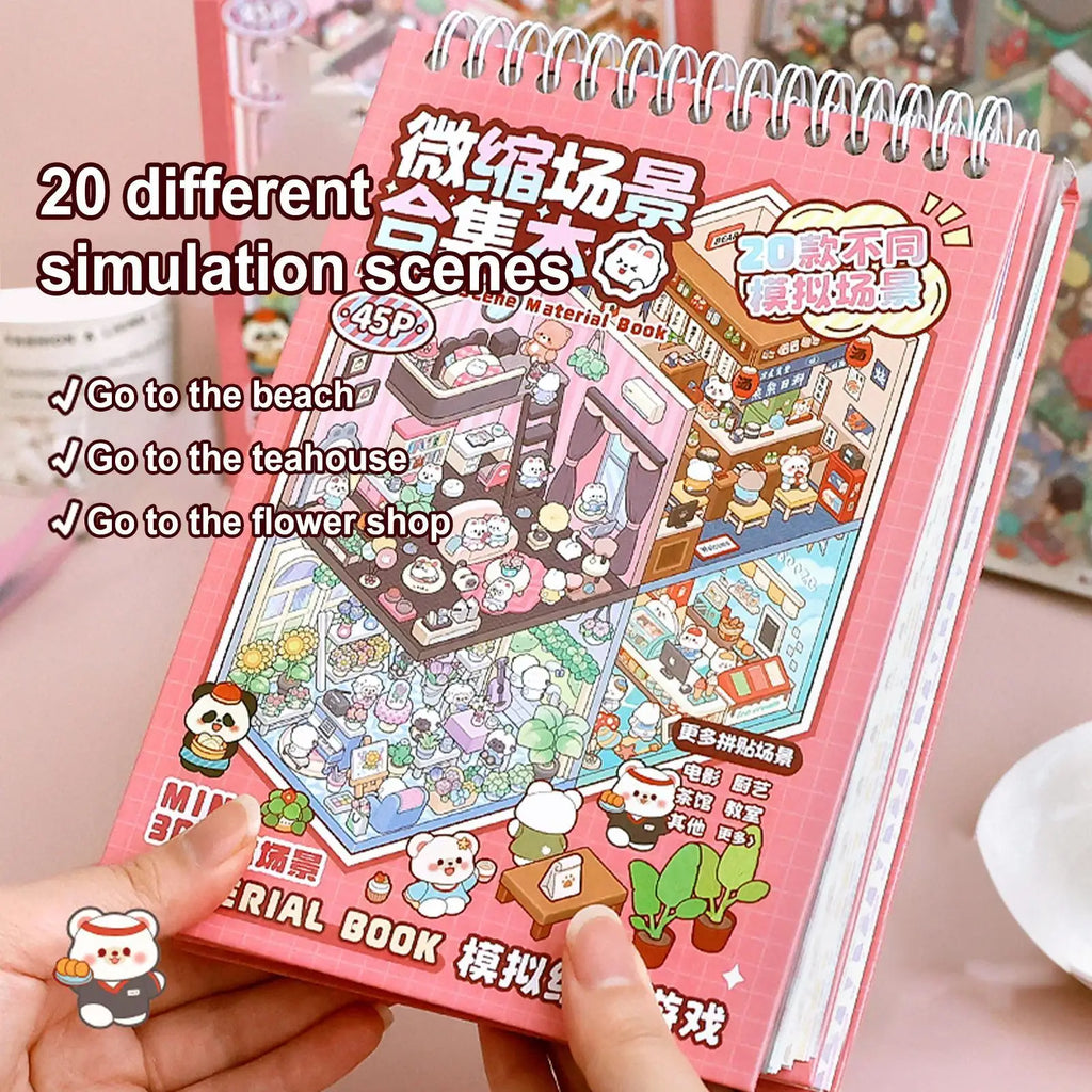 45 Pcs. Miniature Scenes, Cartoon Landscape Sticker Book, DIY 3D Stickers, Cabin Scenes, Back to School Gifts for Kids