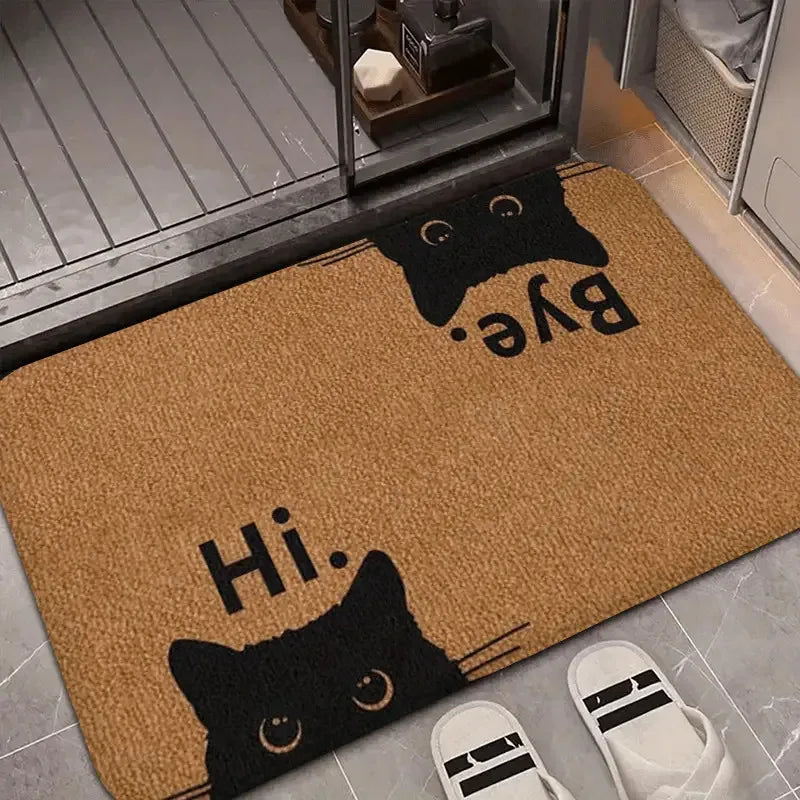 Felpudo VIKAMA con texto 'Hui' y 'Bye' Adorable alfombrilla para puerta con cara de gato negro, lavable a máquina y fácil de limpiar, decoración del hogar