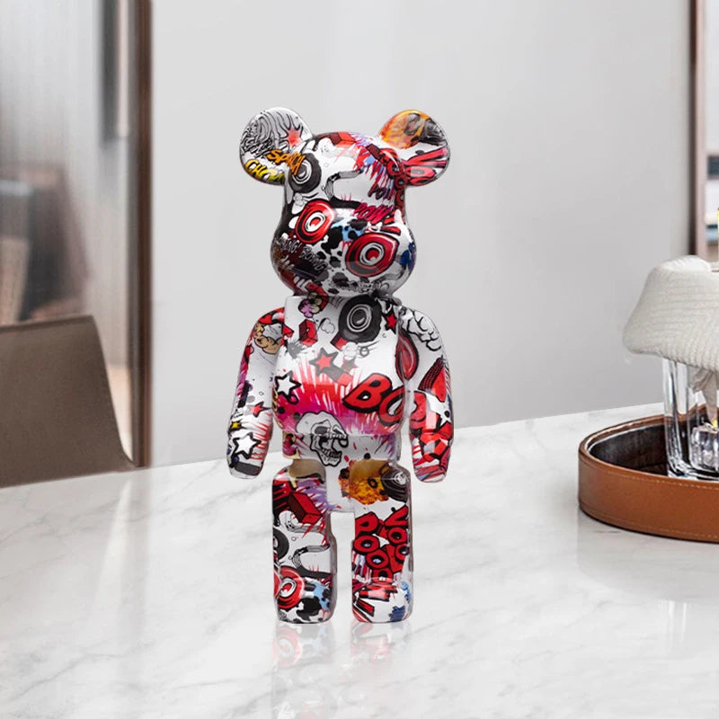 27cm/10 inch Graffiti Bear Figurine, Home Decor, Abstract Animal Ornament, Money Jar, Modern Sculpture for Room, Table Decoration