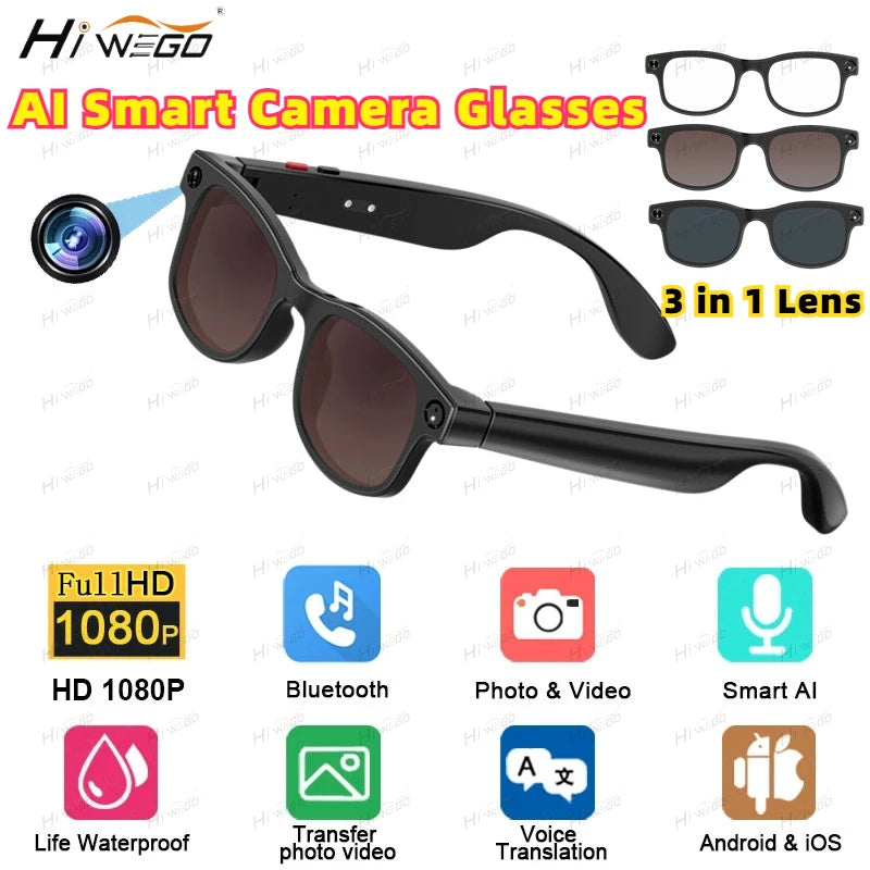 Gafas de sol con cámara inteligente AI de 500W, lentes 3 en 1, traducción ChatGPT, Control por voz, WiFi, Bluetooth, HD1080P, gafas inteligentes de disparo