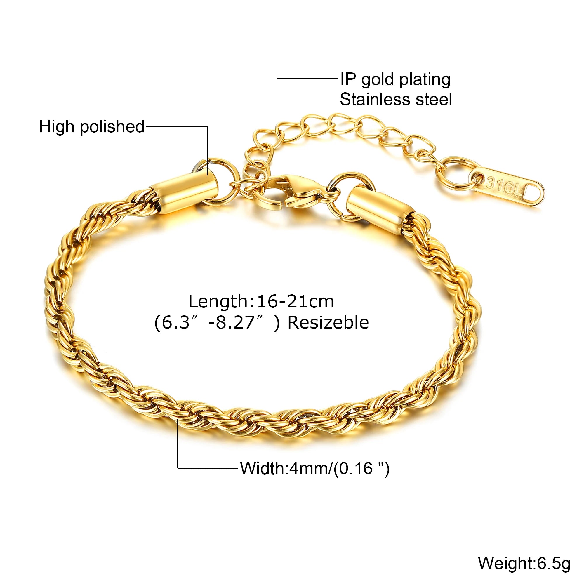 Gold Color Chain Bracelet for Men and Boys, Stainless Steel Chain Bangle, Jewelry Gift for Husband, Father, Son
