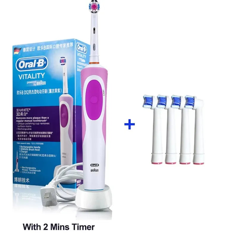 Oral-B electric toothbrush with 2D rotating vibration, cleaning, charging, cross-bristle design, oral care, 4 free brush heads included
