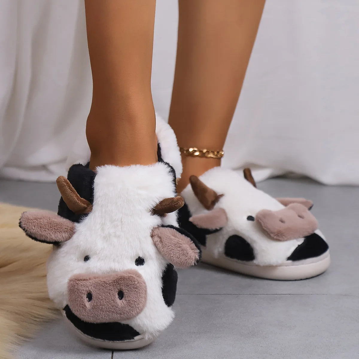 Pallene Women's Cow Milk Furry Slippers, Winter Cartoon Fur Slippers, Soft and Cozy Plush House Shoes, Cute Furry Flip Flops for Female Bedroom