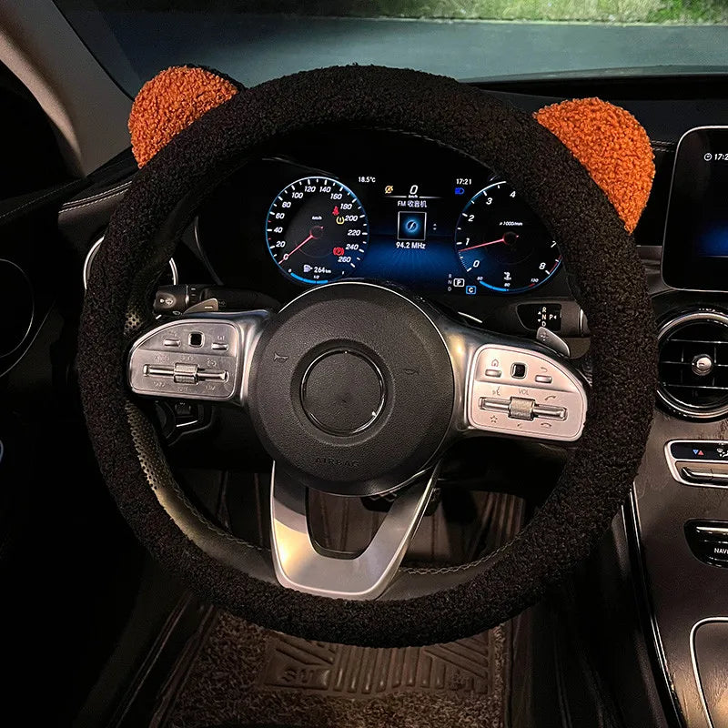 Nuevo Invierno cálido suave felpa dibujos animados oso oreja accesorios interiores del coche 38cm protector para volante de coche cubierta de mano
