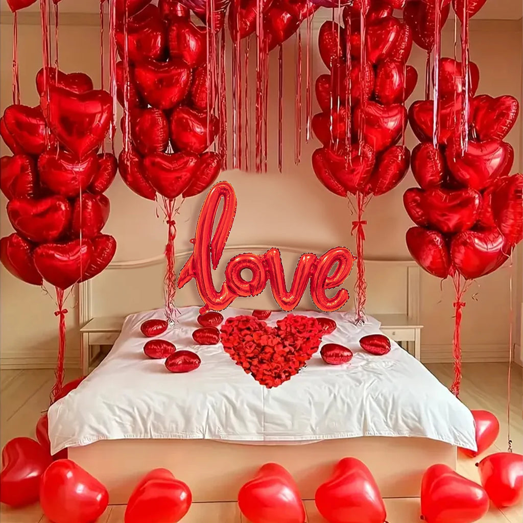 Red "love" letter balloon set, 407 pieces, 18-inch heart-shaped balloon, rose petals, Valentine's Day party, anniversary decoration