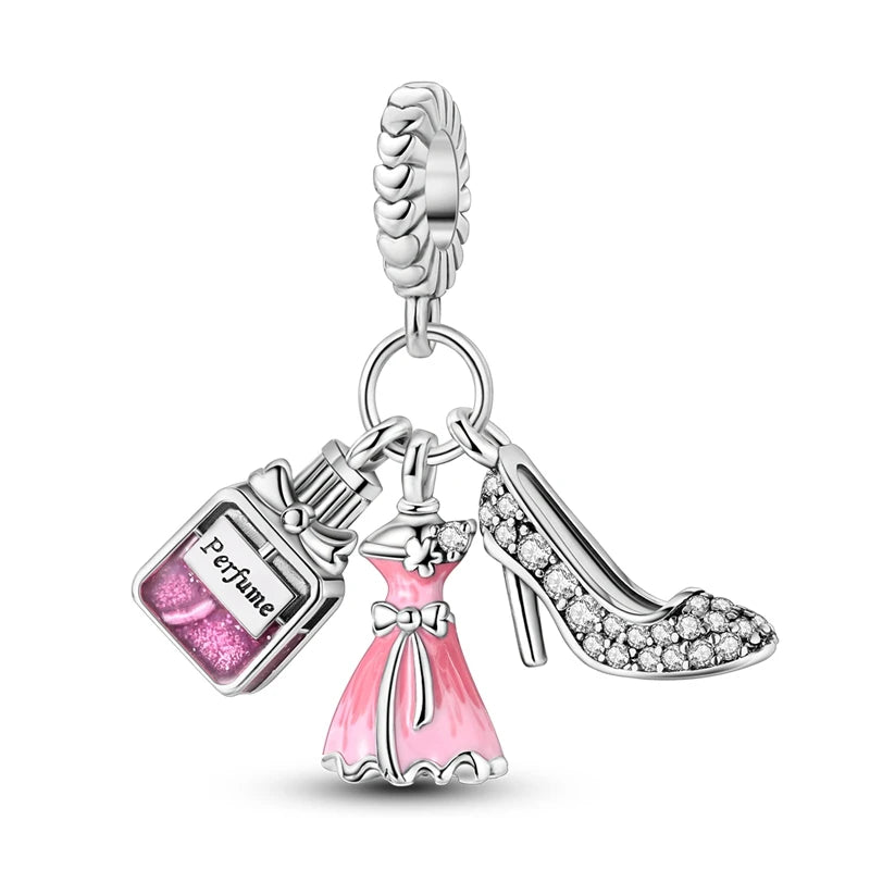 925 Plata de Ley Serie Rosa Charms Pajarita Niña Pastel Princesa Cuentas Colgante Ajuste Original Pulsera DIY Joyería Regalo Para Mujer