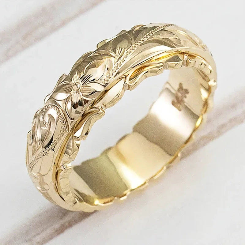 Anillo de flor rosa tallada suspendida de color dorado de 14 k para mujeres y hombres, anillos de oro, joyería para mujer, anillos para aniversario de boda 2021
