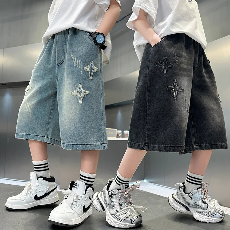 NEW FOR SUMMER 2021, trendy denim shorts for boys with star pattern, casual cropped jeans for children aged 5-14 years