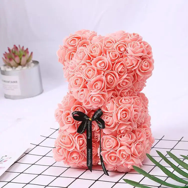 25cm Artificial Pink Flower Teddy Bear with Box, Romantic Valentine's Day Gift, Wedding and Anniversary Party Supplies for Girlfriend and Woman