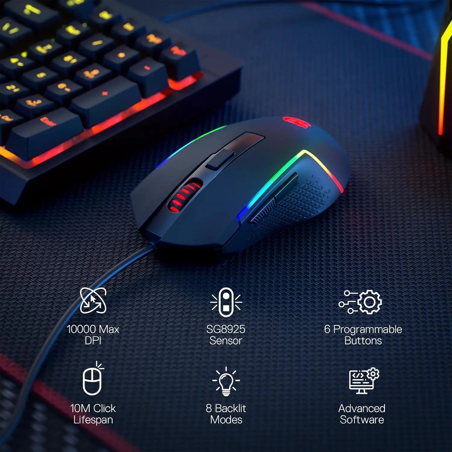 Redragon M616 RGB Gaming Mouse, 10000 DPI Wired Optical Mouse with 6 Programmable Buttons, 8 Backlit Modes, and Software Compatible with DIY Keycaps