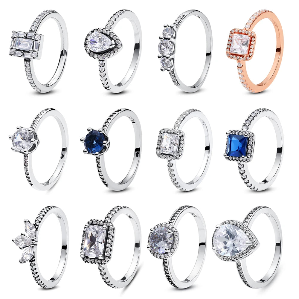 Anillo de Plata de Ley 925 Original para mujer, sortija apilable de cristal con pavé de corazón de amor, joyería de compromiso de boda, regalo de cumpleaños