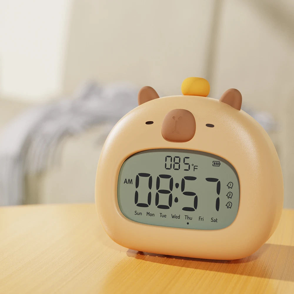 Reloj LED junto a la cama, despertador para niños, entrenador de sueño para niños, pantalla de temperatura con Control recargable, capibara Digital bonito
