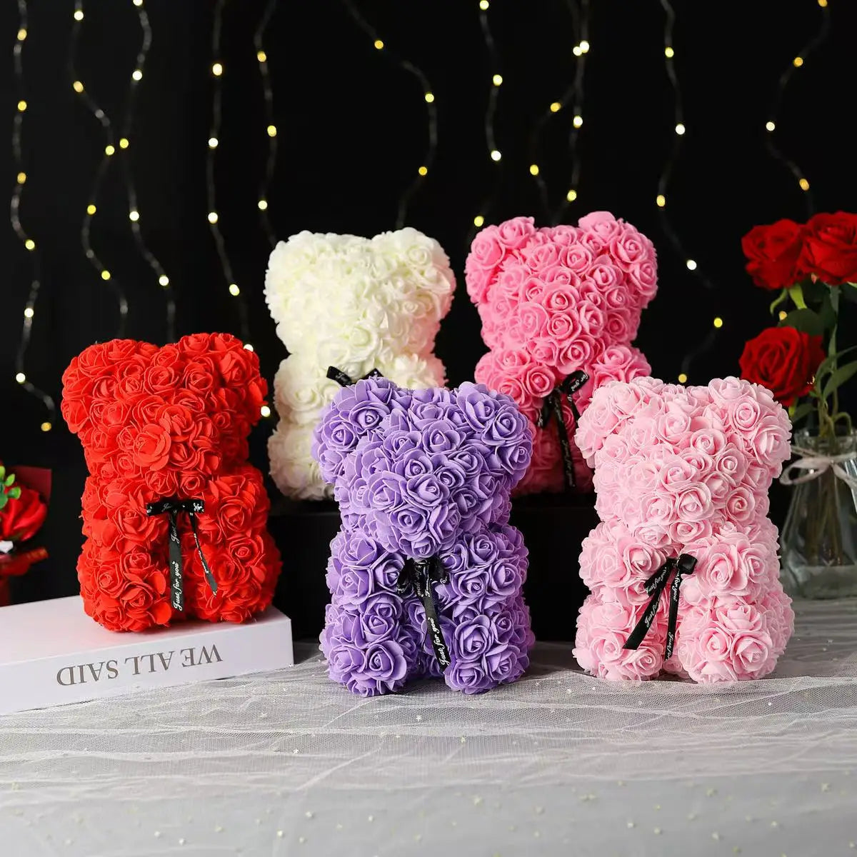 25cm Artificial Pink Flower Teddy Bear with Box, Romantic Valentine's Day Gift, Wedding and Anniversary Party Supplies for Girlfriend and Woman